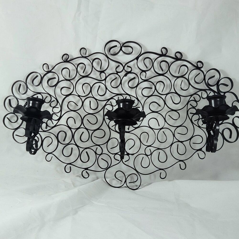 Vintage Wrought Iron Black Gothic Scroll Sconce Candle Holder Taper 16 in wide